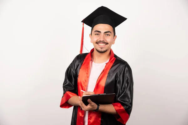 Pozitivní Postgraduální Student Diplomem Při Pohledu Kameru Bílém Pozadí Kvalitní — Stock fotografie