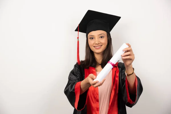 Graduate Student Showing Her Diploma White Background High Quality Photo — Stock Photo, Image