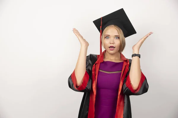 Female Student Gown Looking Surprised White Background High Quality Photo — Stock Photo, Image