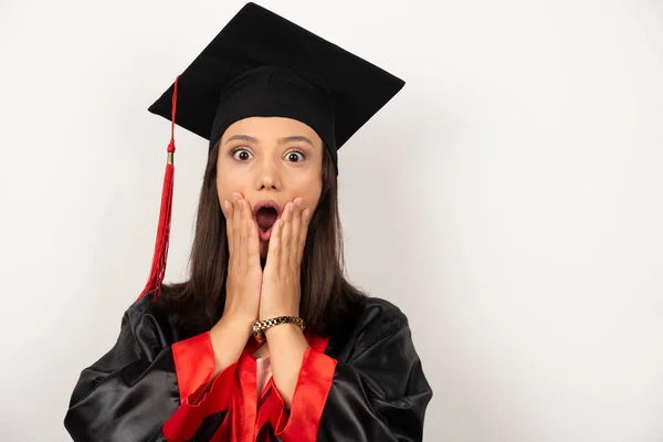 Fresh Graduate Holding Her Face Shocked Expression White Background High — Stock Photo, Image