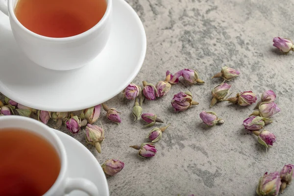 Two Cups Black Tea Dried Roses Stone Surface High Quality — Stock Photo, Image