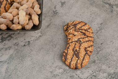 Taş bir arka planda yulaflı kurabiye ve fındıklı güzel bir tabak. Yüksek kalite fotoğraf