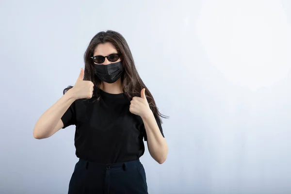 Portrait Young Girl Wears Black Mask Due Pandemic White Background — Stock Photo, Image