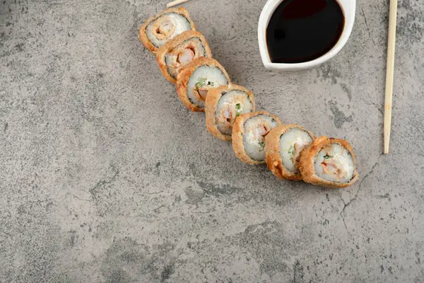 Traditional Soy Sauce Hot Sushi Rolls Stone Background High Quality — Fotografia de Stock