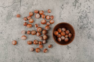 Taştan bir arka planda kabuklu sağlıklı Macadamia fındığı. Yüksek kalite fotoğraf