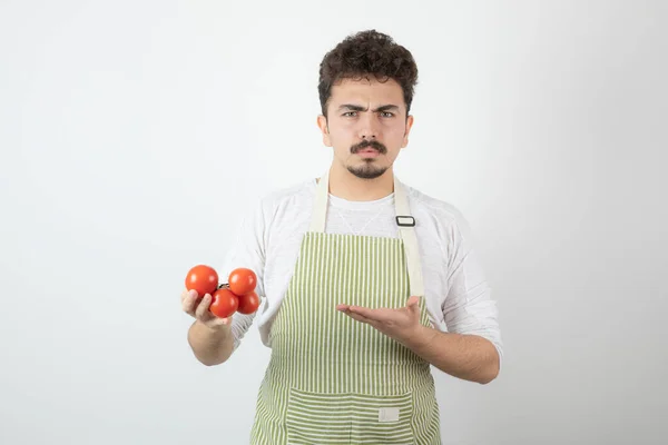 Eftertänksam Ung Kille Som Håller Tomater Och Pekar Den Högkvalitativt — Stockfoto