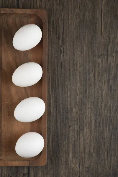Stapel Rauwe Verse Witte Eieren Houten Bord Hoge Kwaliteit Foto — Stockfoto
