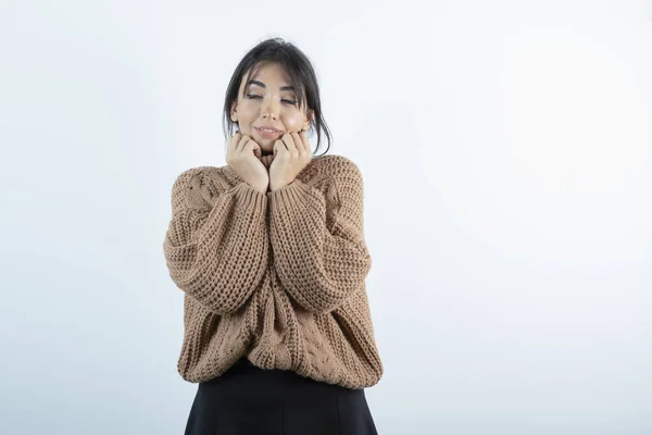 Image Beautiful Young Woman Knitted Sweater Sleeping White Background High — Stock Photo, Image