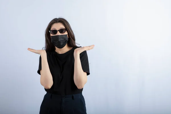 Portrait Young Girl Wears Black Mask Due Pandemic White Background — Stock Photo, Image