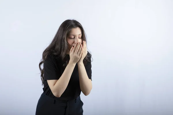 Portrait Young Woman Black Outfit Wants Sneeze White Background High — Fotografia de Stock