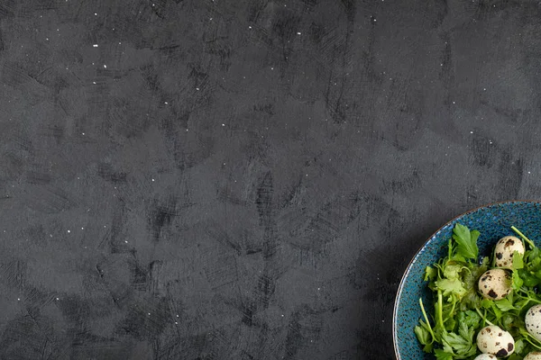 Mavi tabak taze çiğ bıldırcın yumurtası ve siyah arka planda maydanoz yaprakları. Yüksek kalite fotoğraf