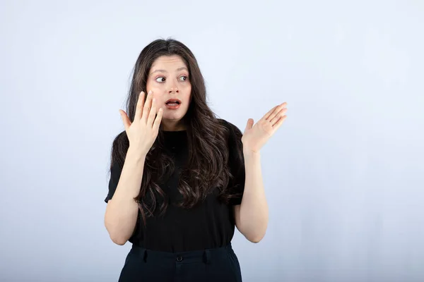 Image Long Haired Girl Feeling Surprised Something White Background High — Stock Photo, Image