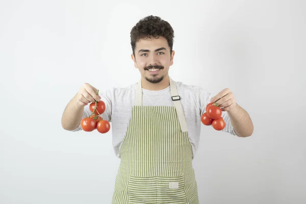 Ung Man Som Håller Färska Tomater Med Handen Och Ler — Stockfoto