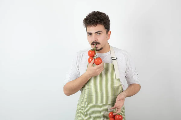 Ung Kille Som Håller Hög Med Färska Tomater Med Händer — Stockfoto