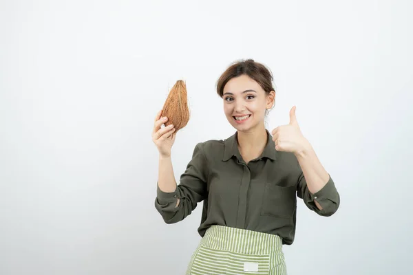 Bild Einer Jungen Frau Schürze Die Den Daumen Nach Oben — Stockfoto