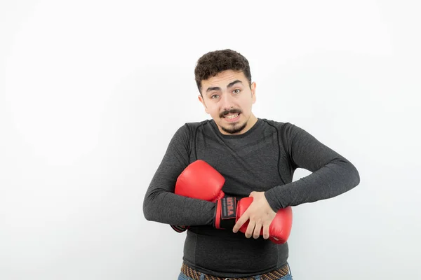 Portrait Young Man Boxing Gloves White Wall High Quality Photo — Stock Photo, Image