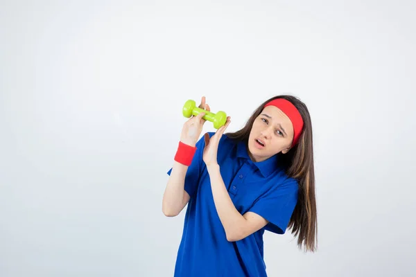 Girl Blue Shirt Red Wristband Headband Posing Dumbbell — Stock Photo, Image