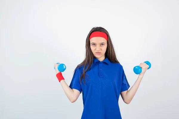 Girl Blue Shirt Red Wristband Headband Posing Dumbbells — Stock Photo, Image