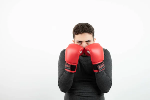 Portrait Young Man Boxing Gloves White Wall High Quality Photo — Stock Photo, Image