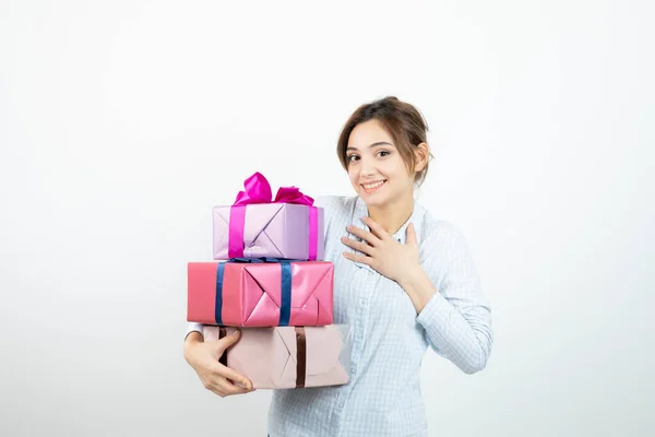 Portrait Young Cute Girl Holding Present Box Ribbon High Quality — Stock Photo, Image