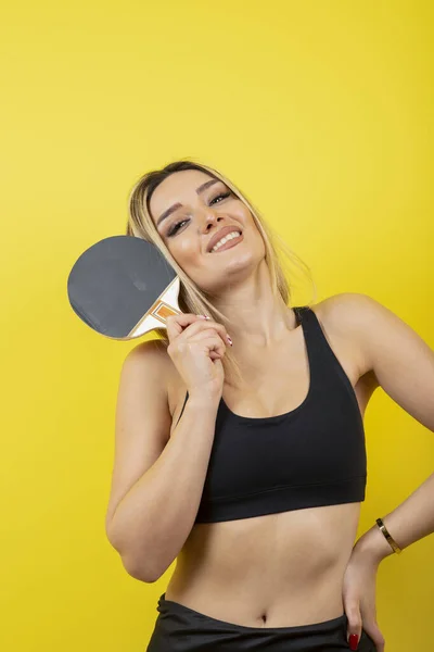 Menina Esportiva Posando Com Raquete Tênis Mesa — Fotografia de Stock