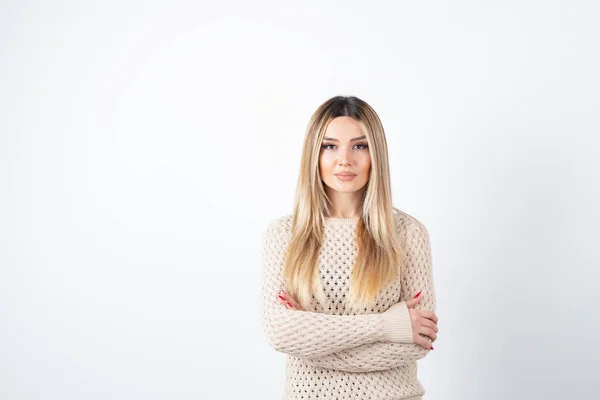 Beautiful Young Girl Blue Sweater Long Straight Hair — Stock Photo, Image