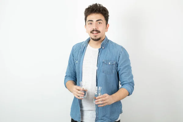 Portrait Bearded Young Man Holding Glass Water White High Quality — Stock Photo, Image