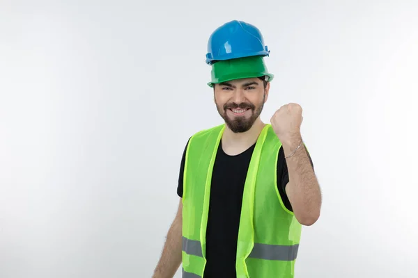 Shot Male Bearded Engineer Wearing Two Hardhats White High Quality — Stock Photo, Image