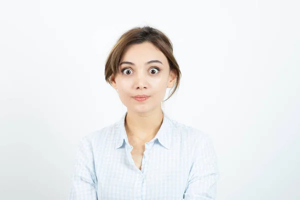 Portrait Young Beautiful Woman Standing Doing Funny Face High Quality — Stock Photo, Image