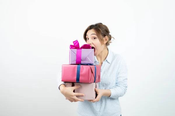 Portrait Young Cute Girl Holding Present Box Ribbon High Quality — Stock Photo, Image