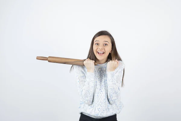 Girl Wearing Sweater Posing Roller Pin White Background — Stock Photo, Image