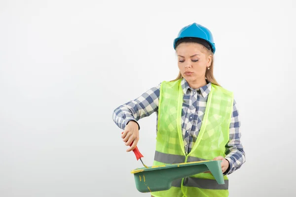 Mujer Joven Uniforme Tomando Color Bandeja Con Rodillo Pintura Foto —  Fotos de Stock