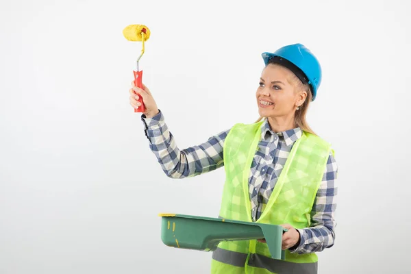 Young Woman Uniform Holding Paint Roller Tray High Quality Photo — Stock Photo, Image