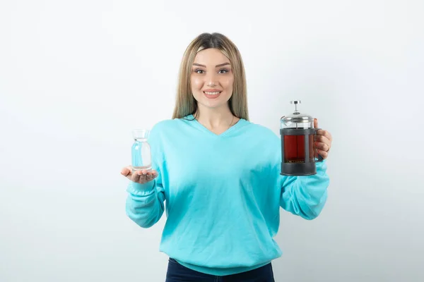 Positive Cheerful Girl Holding Teapot Glass Cup White Wall High — Stock Photo, Image