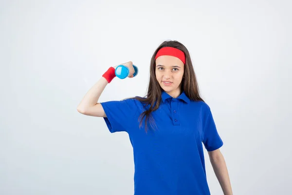 Girl Blue Shirt Red Wristband Headband Posing Dumbbell — Stock Photo, Image