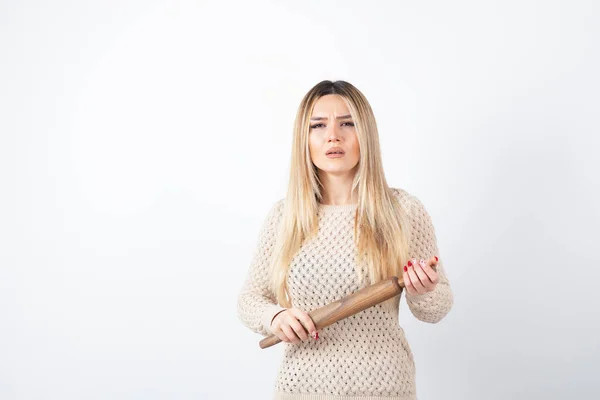 Young Beautiful Model Holding Wooden Rolling Pin Posing High Quality — Stock Photo, Image