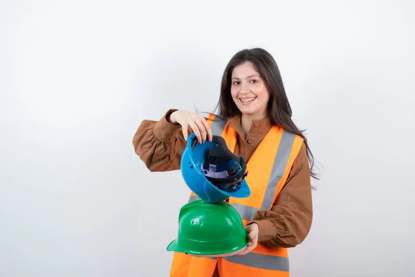 Foto Einer Ingenieurin Schutzweste Mit Helm Hochwertiges Foto — Stockfoto