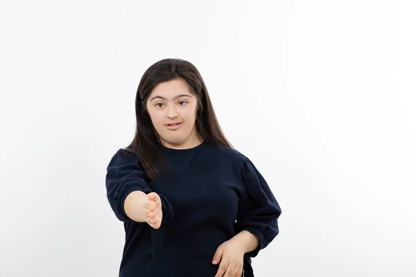 Bild Eines Jungen Mädchens Mit Syndrom Stehend Und Posierend Hochwertiges — Stockfoto