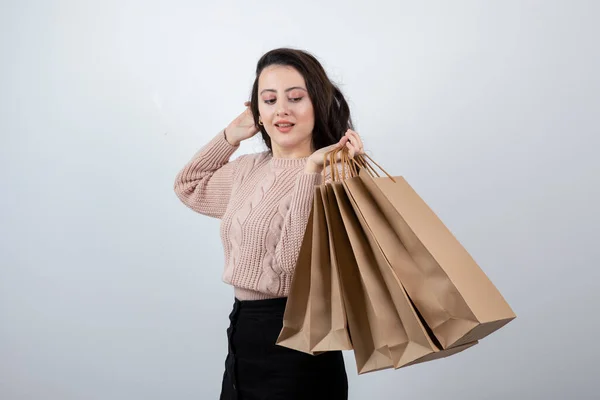 Portrait Beautiful Woman Sweater Holding Packages Bags Purchases Shopping High — Stock Photo, Image