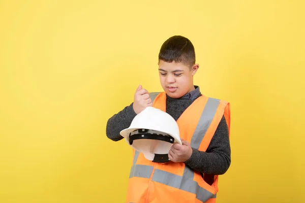 Photo Adorable Construction Worker Security Vest Holding Helmet High Quality — Stock Photo, Image