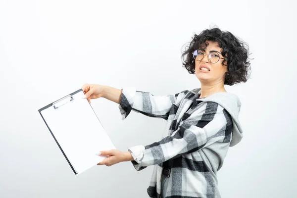 Portrait Brunette Woman Glasses Showing Blank Clipboard High Quality Photo Stock Picture