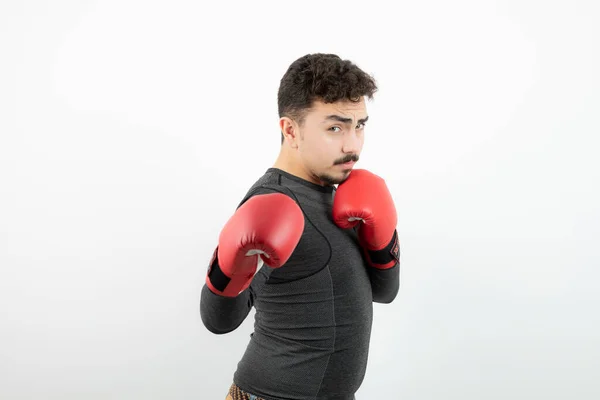 Portrait Young Man Boxing Gloves White Wall High Quality Photo — Stock Photo, Image