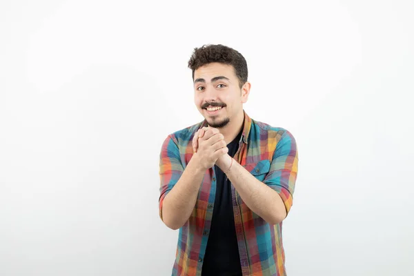 Image Young Handsome Man Dressed Checkered Shirt Standing White Wall — Stock Photo, Image