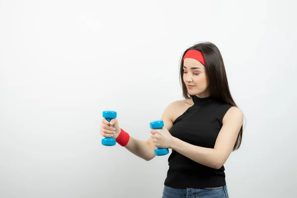 Young Fitness Woman Holding Blue Dumbbells White Wall High Quality — Stock Photo, Image