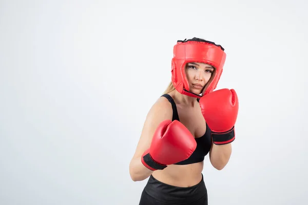 Kvinnlig Boxare Sportkläder Handskar Och Mask — Stockfoto