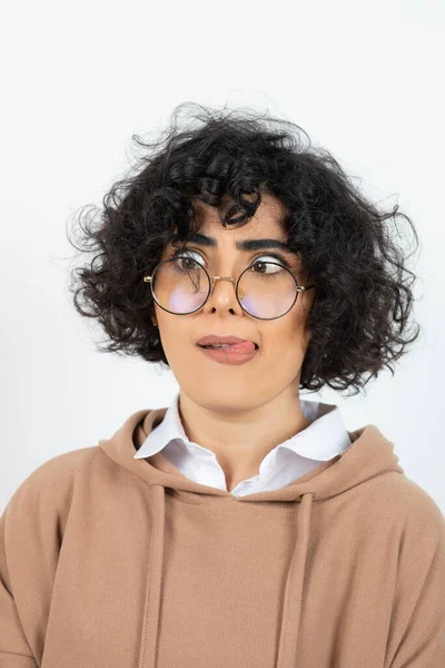 Woman Curly Hair Glasses Making Funny Face — Stock Photo, Image