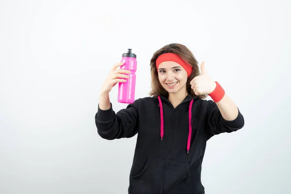 Photo Young Sporty Girl Holding Pink Bottle Water High Quality — Stock Photo, Image