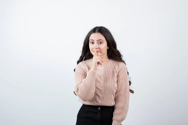 Image Beautiful Woman Showing Sign Silence Gesture Putting Finger Mouth — Stock Photo, Image