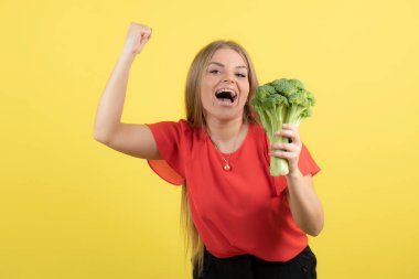 Büyük yeşil brokoli tutan güzel bir kadın modeli resmi. Yüksek kalite fotoğraf