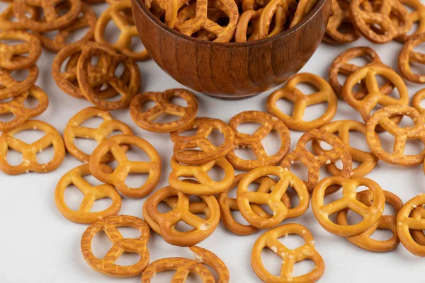 Wooden Bowl Salty Dry Pretzels Cracker Placed White Background High — Stock Photo, Image